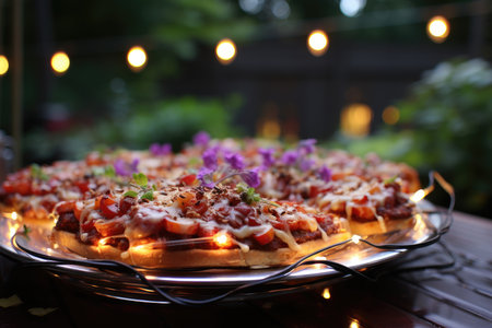 A fruit pie pizza at a garden party with hanging lights., generative AIの素材