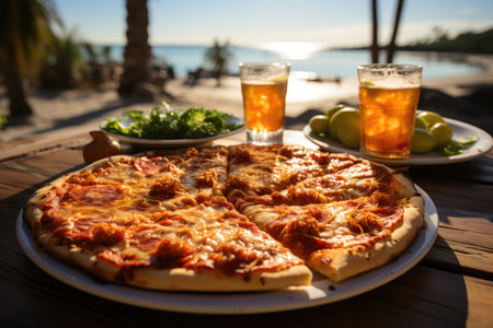 A Hawaiian pizza at a picnic table on the edge of a sunny beach., generative AIの素材