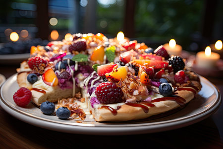 A fruit pie pizza at a garden party with hanging lights., generative AIの素材