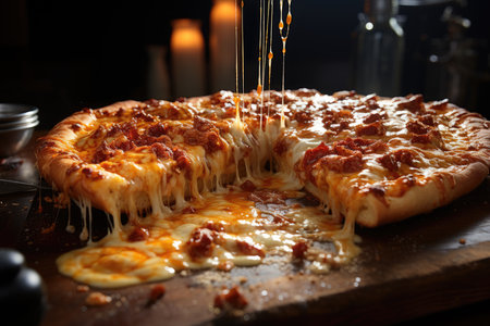 A slice of cheese pizza with melted cheese running over a kitchen counter., generative AIの素材