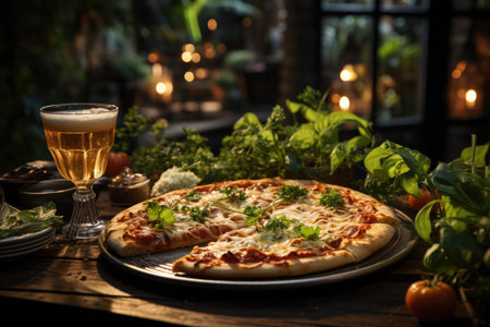 A vegetarian pizza served in a restaurant overlooking a lush garden., generative AIの素材