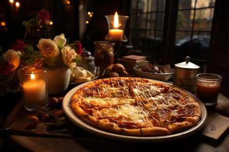 An apple pie pizza in a coffee shop with bookstore and fireplace., generative AIの素材