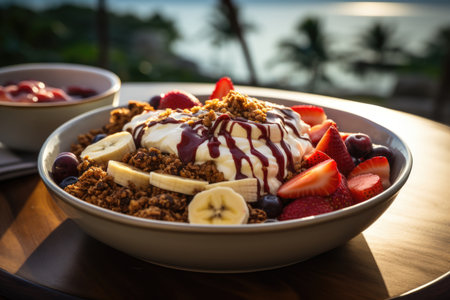 Acai with banana, granola and strawberries on a golden and sunny beach., generative AIの素材