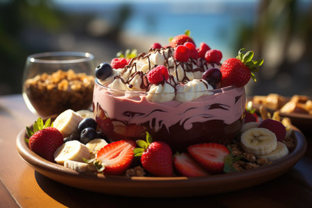Acai with banana, granola and strawberries on a gold and tropical beach., generative AIの素材