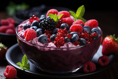 Acai with raspberries and blueberries on a paradise beach of white sand., generative AIの素材