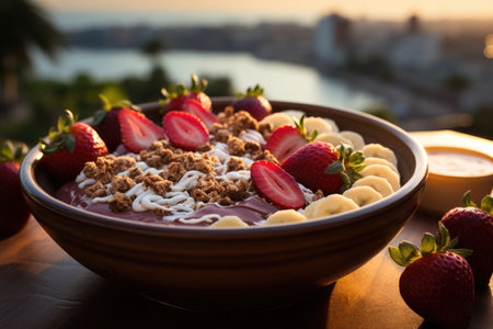 Acai with banana, granola and strawberries on a gold and tropical beach., generative AIの素材