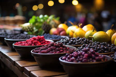 Acai in the local market, with piles of colored bowls and tropical fruits., generative AIの素材