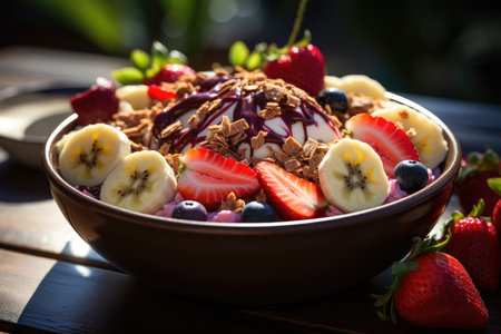 Acai with banana, granola and strawberries on a gold and tropical beach., generative AIの素材