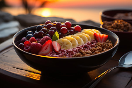 Acai bowl by the calm sea under the golden sunset., generative AIの素材