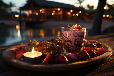 Acai with banana, granola and strawberries on a gold and tropical beach., generative AIの素材