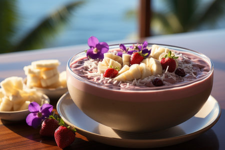Acai bowl on a balcony overlooking the sea with high coconut trees in sight., generative AIの素材
