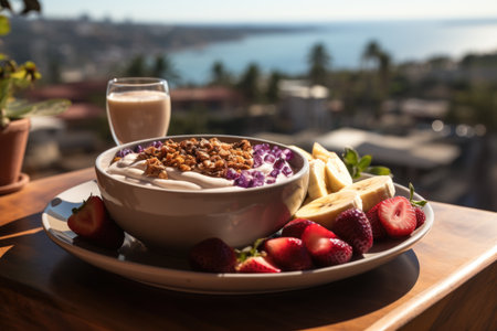 Acai bowl on a balcony overlooking the sea with high coconut trees in sight., generative AIの素材