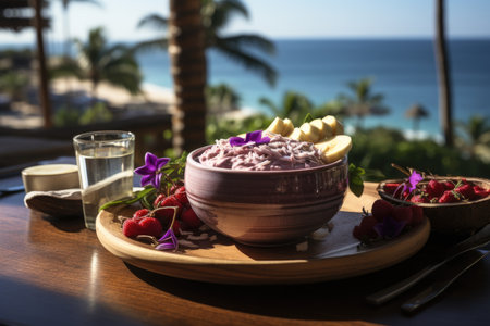 Acai bowl on a balcony overlooking the sea with high coconut trees in sight., generative AIの素材