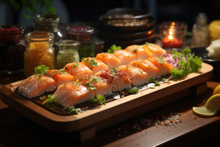 White fish sushi tray in a dark wood sushi counter in a sophisticated restaurant., generative AIの素材