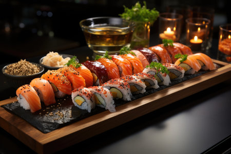 White fish sushi tray in a dark wood sushi counter in a sophisticated restaurant., generative AIの素材