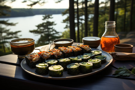 Sushi with crispy nori seaweed on a ceramic plate, overlooking a serene lake., generative AIの素材
