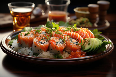 Open-style sushi dish in a minimalist environment, with full focus on flavors., generative AIの素材