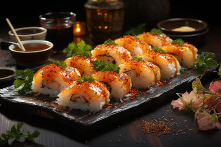 Tempura -style shrimp sushi on a stone plate in a Japanese fusion restaurant., generative AIの素材