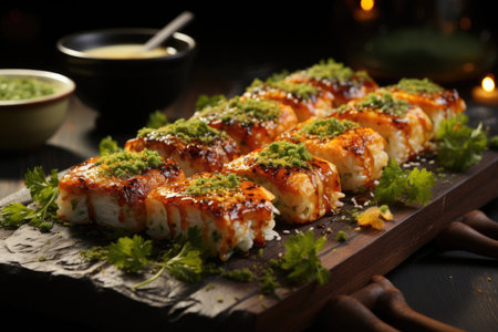 Tempura -style shrimp sushi on a stone plate in a Japanese fusion restaurant., generative AIの素材