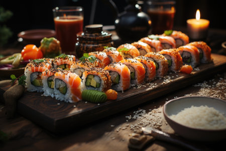 Sea school sushi served at a rustic wooden table in a cozy atmosphere., generative AIの素材