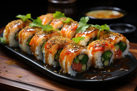 Tempura -style shrimp sushi on a stone plate in a Japanese fusion restaurant., generative AIの素材