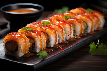 Tempura -style shrimp sushi on a stone plate in a Japanese fusion restaurant., generative AIの素材
