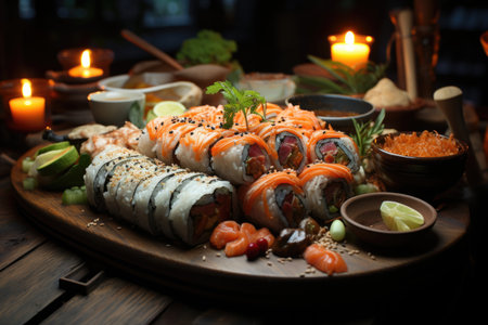 Sea school sushi served at a rustic wooden table in a cozy atmosphere., generative AIの素材