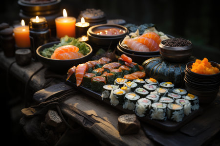 Sea school sushi served at a rustic wooden table in a cozy atmosphere., generative AIの素材