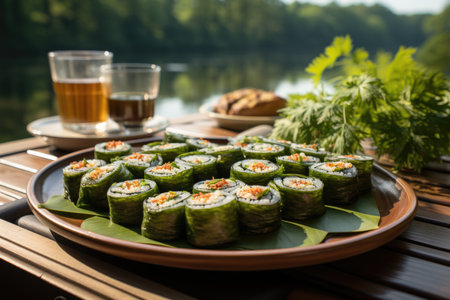 Sushi with crispy nori seaweed on a ceramic plate, overlooking a serene lake., generative AIの素材