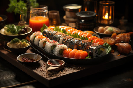 Sea school sushi served at a rustic wooden table in a cozy atmosphere., generative AIの素材