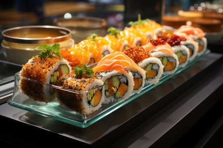 Open-style sushi dish in a modern, glass wall sushi bar., generative AIの素材