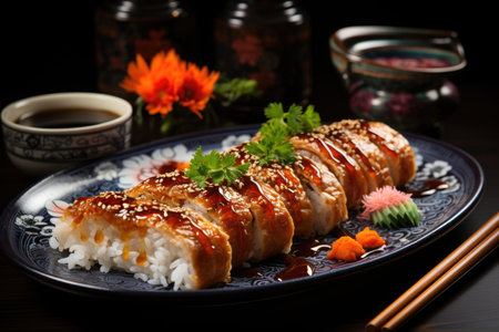 Enga sushi with Teriyaki on sauce a ceramic plate, with traditional wallpaper background., generative AIの素材