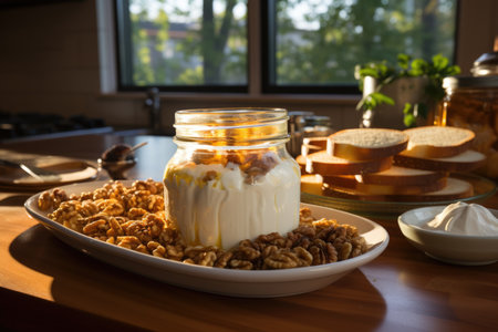 Greek yogurt pot with honey and walnuts in a rustic-style kitchen., generative AIの素材