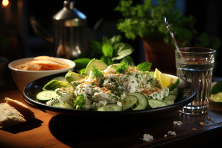 Chicken salad with avocado and yogurt sauce on an outdoor table., generative AIの素材