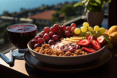 Acai bowl with granola and tropical fruits on a terrace overlooking the sea., generative AIの素材