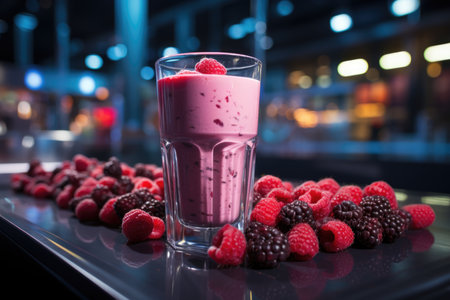 Protein smoothie with raspberries in a modern gym with mirrors., generative AIの素材