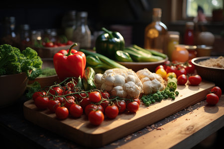 Cutting board with varied vegetables in a well-organized kitchen., generative AIの素材