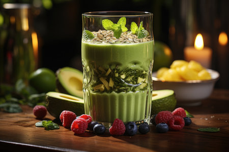 Healthy green smoothie in a tall glass in a well-lit kitchen., generative AIの素材
