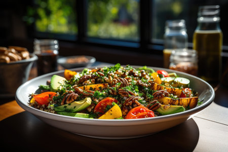 Quinoa salad with pumpkin and walnuts on a white plate in a cafÃ©の素材
