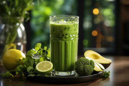 Healthy green smoothie in a tall glass in a well-lit kitchen., generative AIの素材