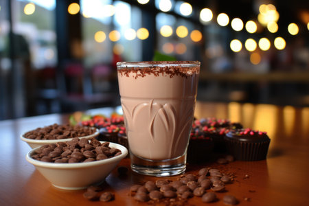 Chocolate protein smoothie at a gym with background training equipment., generative AIの素材