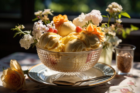 Double ice cream cone on a hot air balloon ride with stunning views and adventure, a sweetness at the heights., generative AIの素材