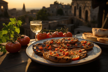 Bruschetta of tomatoes on a terrace overlooking the ruins of Pompeii, with history everywhere., generative AIの素材