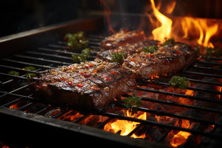 Grilled loin steak with embers and fire -generating technology, generative AIの素材