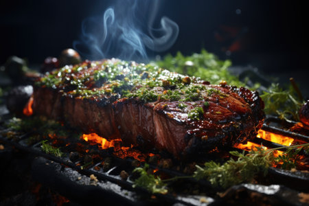 Succulent grilled steak cooking on the fire created with Generative Ai technology, generative AIの素材
