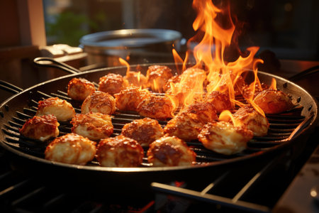Codfish balls being fried in a bustling street stall in Lisbon., generative AIの素材