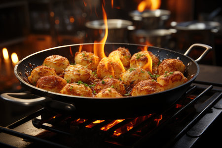 Codfish balls being fried in a bustling street stall in Lisbon., generative AIの素材