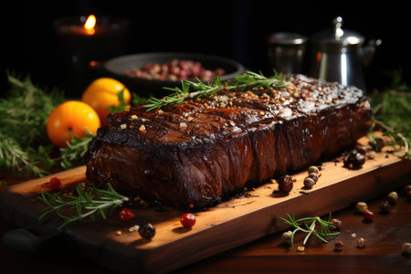Grilled steak in gourmet wooden table meal generated by, generative AIの素材
