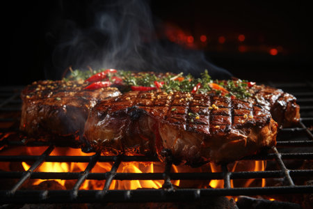 Grilled meat steak in stainless grid deposit with dark background flames concept of food and kitchen, generative AIの素材