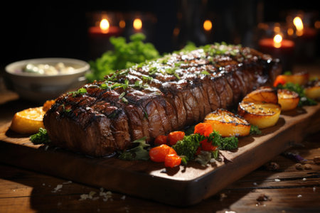Grilled steak in gourmet wooden table meal generated by, generative AIの素材